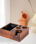 Level Up Your Pour With This Espresso Tamping Station Featuring A Heavy Duty Coffee Tamper Holder And Powder Distributor. Non Slip Rubber Base Keeps Mess At Bay. Absolute Game Changer For Home Cafe Setup. Wooden tamper rack with storage and anti-slip pad.