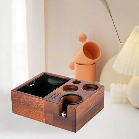 Level Up Your Pour With This Espresso Tamping Station Featuring A Heavy Duty Coffee Tamper Holder And Powder Distributor. Non Slip Rubber Base Keeps Mess At Bay. Absolute Game Changer For Home Cafe Setup. Wooden tamper rack with storage and anti-slip pad.