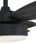 Close-up of 42 Inch Matte Black LED Ceiling Fan With Light, Down Rod Only, Reversible Charcoal And Riverbed Blades, Opal Frosted Glass Light Kit