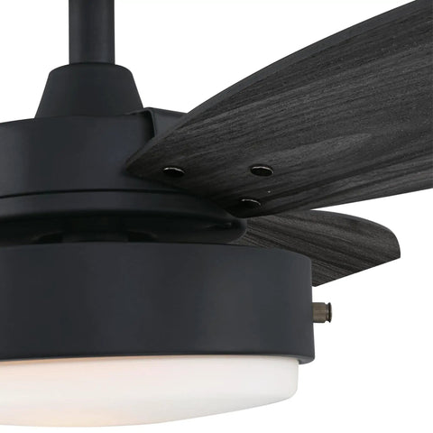 Close-up of 42 Inch Matte Black LED Ceiling Fan With Light, Down Rod Only, Reversible Charcoal And Riverbed Blades, Opal Frosted Glass Light Kit