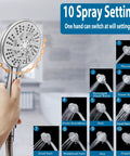 Hand holding High Pressure Handheld Shower Head With 10 Spray Settings And Detachable Hose Chrome Finish For RV Bathroom