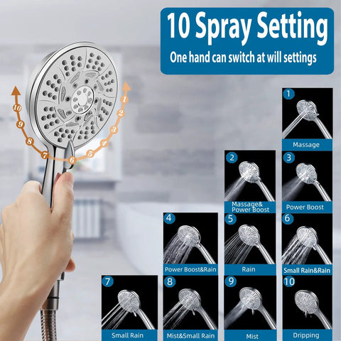 Hand holding High Pressure Handheld Shower Head With 10 Spray Settings And Detachable Hose Chrome Finish For RV Bathroom