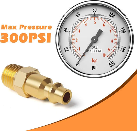 Brass Quarter Inch Air Plug Quick Connect Fittings 10 Pack MNPT Air Hose Connectors for Compressors with 300 PSI gauge