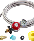 Propane regulator hose with gauge; 12 ft stainless-steel braided hose includes brass fittings, blue adapter, O-ring, yellow PTFE tape.
