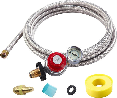 Propane regulator hose with gauge; 12 ft stainless-steel braided hose includes brass fittings, blue adapter, O-ring, yellow PTFE tape.