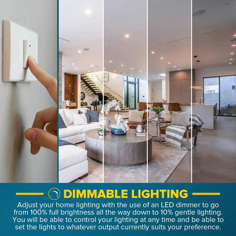 Illustration of dimmable lighting with 4 Inch LED Recessed Can Lights, Dimmable, Wet Rated, IC Rated, in a modern living room