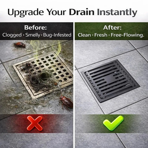 Before and after image showing Heavy Duty 4X4 Inch Square Shower Drain Made From Real 304 Stainless Steel Bathroom Floor Drain.