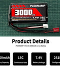 7.4V 3000mAh Li-ion RC Battery 2S T Plug for 1/12, 1/16, 1/18 RC Cars, Pceonamp branding, two charging cables, product specs