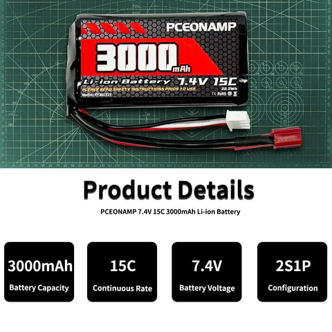 7.4V 3000mAh Li-ion RC Battery 2S T Plug for 1/12, 1/16, 1/18 RC Cars, Pceonamp branding, two charging cables, product specs