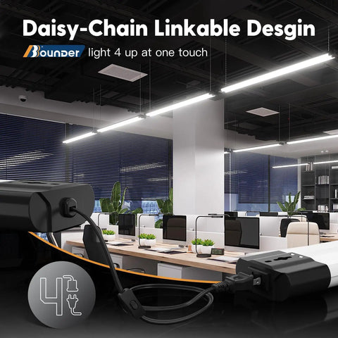 12 Pack Linkable LED Shop Lights With Reflectors, 4 Ft, 4400 Lumens, 6500K Cool Daylight installed in modern office