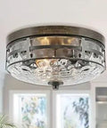 Modern Farmhouse Faux Wood Flush Mount Ceiling Light With Water Ripple Glass Cover in living room