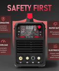 Front view of 205A TIG Welder With Pulse And Large LED Display, Three In One Stick DC TIG Pulse TIG Welding Machine, Dual Voltage 110V And 220V, Ideal For Steel Aluminum And More TIG-205P, highlighting safety features with overheating and overload icons