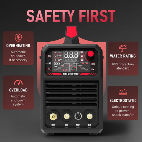 Front view of 205A TIG Welder With Pulse And Large LED Display, Three In One Stick DC TIG Pulse TIG Welding Machine, Dual Voltage 110V And 220V, Ideal For Steel Aluminum And More TIG-205P, highlighting safety features with overheating and overload icons