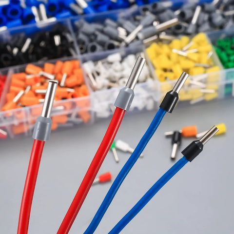 Close-up view of color-coded wire ferrules from 800 Pcs Wire Ferrule Connectors Kit AWG 22 10 Copper Nylon Insulated Cord Pin Ends Crimp Terminals