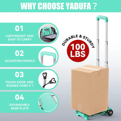Ultra Compact Folding Hand Truck Dolly With Tank Wheels And Expandable Base Plate And Elastic Rope in use with box