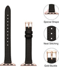 Pretty Sweet Slim Leather Band Compatible With Apple Watch For Women, 12mm black leather strap with gold buckle and neat stitching.