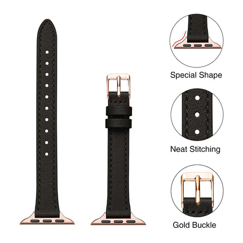 Pretty Sweet Slim Leather Band Compatible With Apple Watch For Women, 12mm black leather strap with gold buckle and neat stitching.