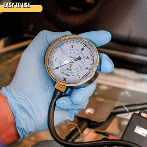 Close-up of UHARBOUR manometer gas pressure tester gauge with 0-35 in WC, 1/8 in NPT, 40 in hose