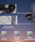 Side view of High Velocity 24 Inch Pro Series Oscillating Wall Fan Heavy Duty With 3 Speeds 7200 CFM, showing UL certification and grille detail.