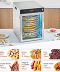 Heavy Duty Rotary Food Dehydrator And Biltong Maker With Led Digital Console, 24 Hour Timer, Twenty Stainless Steel Trays loaded with fruit slices.