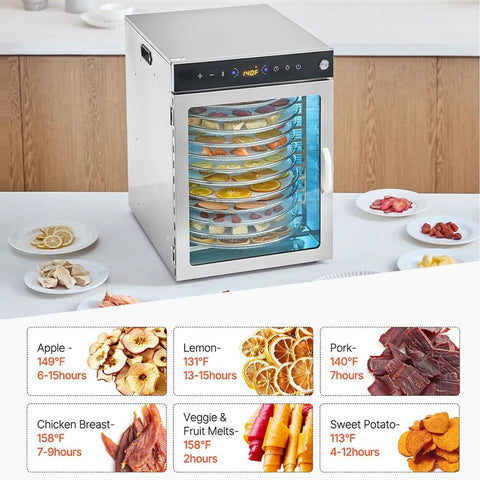 Heavy Duty Rotary Food Dehydrator And Biltong Maker With Led Digital Console, 24 Hour Timer, Twenty Stainless Steel Trays loaded with fruit slices.