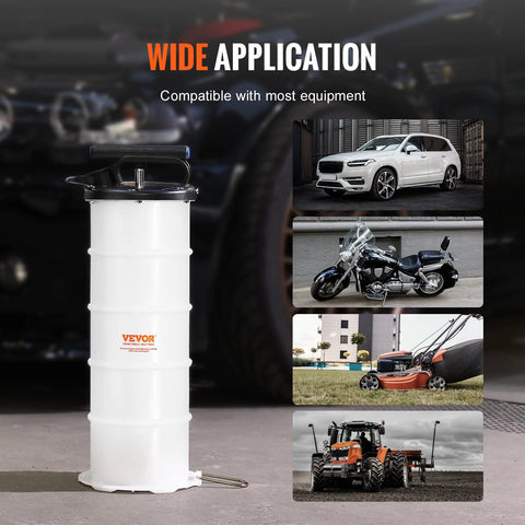 VEVOR 6.5L manual fluid extractor pump, front view; white cylindrical oil changer with black handle and dipstick hose