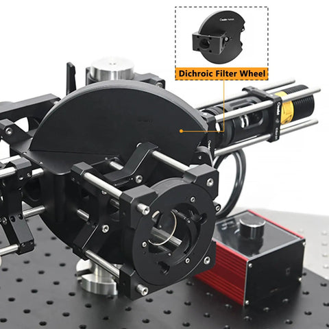 Five-Position Dichroic Filter Wheel for telescopes with slim cage design, holding 5 x 36 x 25mm optics, on experimental setup.