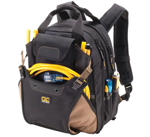 Rugged Carpenter Tool Backpack With 44 Pockets And Padded Back Support For Comfort Dual Main Compartments For Tools And Drill External Pocket For Hard Hat Heavy Duty Gear For Pros And DIY Projects filled with tools