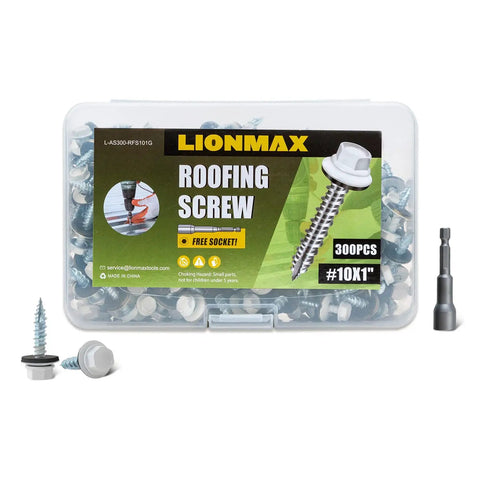 Top Shelf Badass Metal Roofing Screws Number 10 X 1 Inch 300 Pack With Rubber Washers in clear box with free socket.