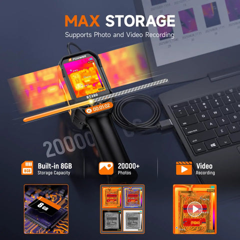 RT280 Thermal Imaging Cam With 320 By 240 LCD Screen shown with PC connection and storage features highlighted