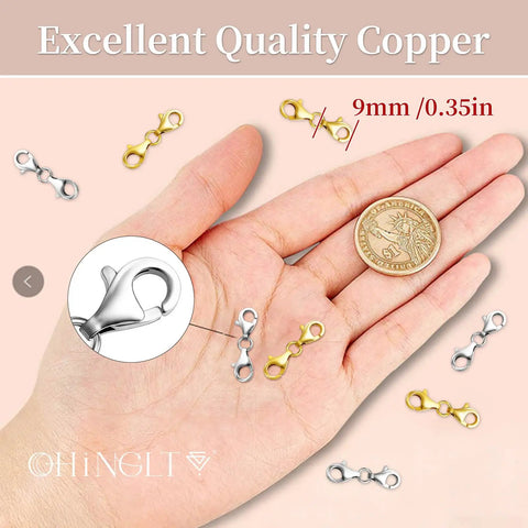 Hand holding Double Lobster Claw Clasps Necklace Extender Silver 8 Piece Set Double End Design Clasp Closures For Jewelry Making