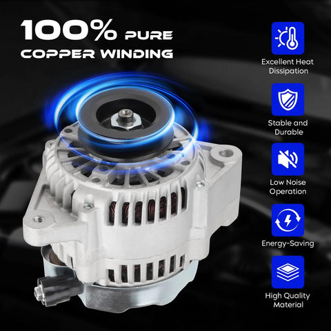 Alternator Replacement 12V 60A CW Drop-In Fit 2.4L 1985-1991 Pickup, 4Runner 2.4L 1985-1992 Auto, Celica 2.4L 1985, Replaces 14456 100211-3551 100211-2030, High-Quality 60 Amp Alternator For Reliable Electrical Charge displayed with copper winding and features like heat dissipation and durability.