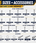 1200-Piece Heavy-Duty Workhorse, Self-Drilling Screws Assortment Kit organized display of various screw sizes and accessories.