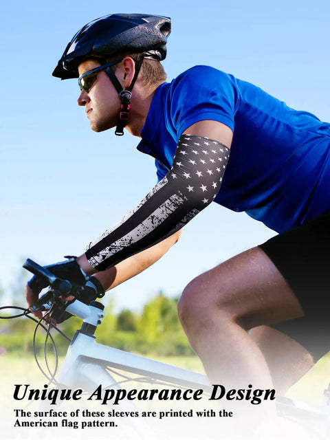 Cyclist wearing 8 Pairs USA Flag Arm Sleeves For Men And Women Compression UV Sun Protection With Multiple Styles