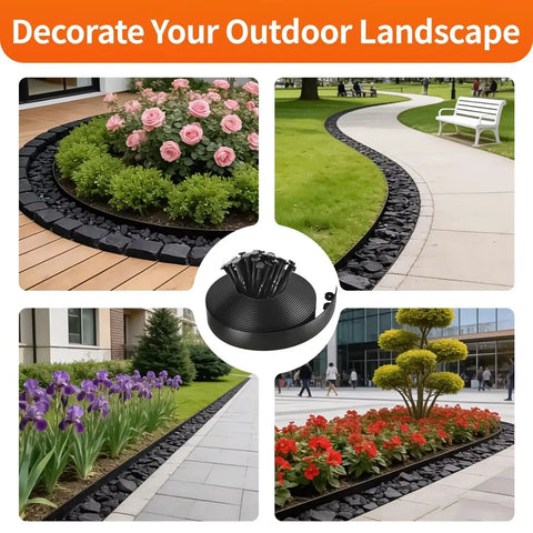 Green Orange Landscape Edging Border For Lawn And Garden, 4 Inch By 100 Ft Flexible Plastic Edging With 150 Stakes in use