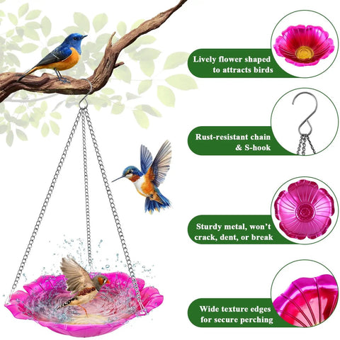 Two Pack Hanging Bird Baths For Outdoors, 11 Inch Metal Water Bowls With Rust-Proof Stainless Steel Chains, Flower Shape Design