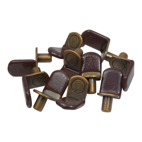 25 Pack Hella Sturdy L Shaped Cabinet Shelf Pins And Glass Support Brackets For Closet Storage Featuring Super Slick Vinyl Tipped Ends In A Sweet Antique Copper Finish For Flawless Diy Builds, showing multiple brown and bronze pins.