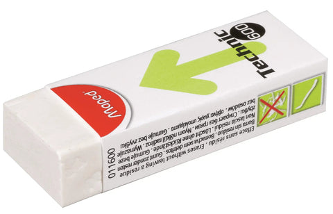 Rectangular white eraser with "Technic 600" and "Maped" branding, featuring packaging with a green arrow design.