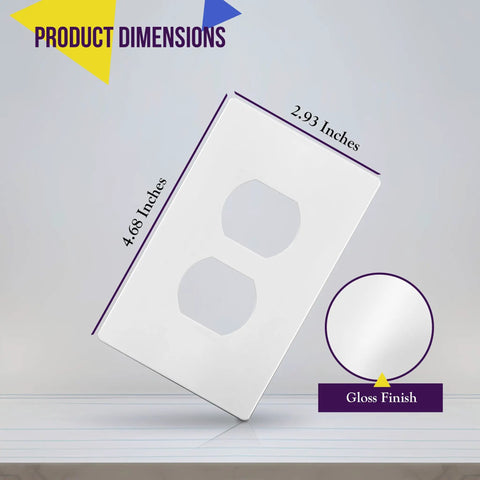 Screwless Duplex Wall Plates 1 Gang Receptacle Covers White Glossy Finish Durable Polycarbonate Thermoplastic Unbreakable Child Safe UL Listed 4.68 By 2.93 Inches Pack Of 5 showing dimensions and gloss finish detail on a light background