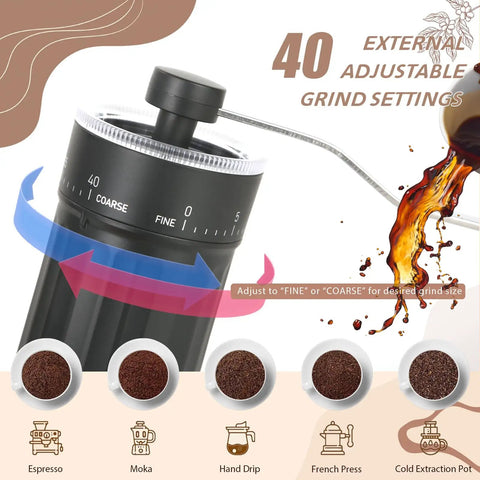 Manual Coffee Grinder With 40 External Adjustable Settings For Espresso, Pour Over, French Press, shown with grind size options