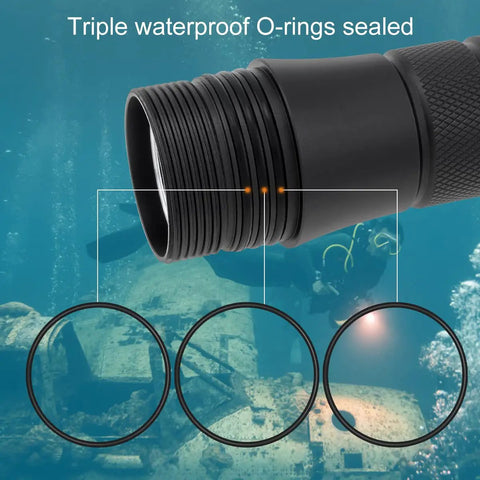 Wide Angle Underwater Dive Light With 120 Degree Beam, 1050 Lumen LED Torch, showing triple waterproof O-rings, depth rating 150m