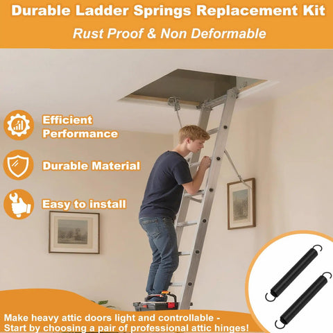 Man using an attic ladder with 55 2 Attic Ladder Hinge Arms With Springs Heavy Duty Galvanized Replacement Parts visible