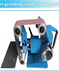 Heavy Duty 1100W Brushless Belt Sander Grinder With Adjustable Speed Up To 6500 Rpm Vertical Horizontal Dual Use For Knife Sharpening Includes Five Sanding Belts And Solid Steel Base For Efficient Grinding Projects Home Shop, showing front view with sanding belt.