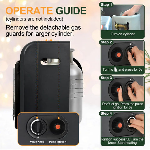 Instruction guide for Indoor Outdoor Propane Heater 6000 To 18000 BTU With 3 Modes ODS and Tip Over Protection, showing control knobs.