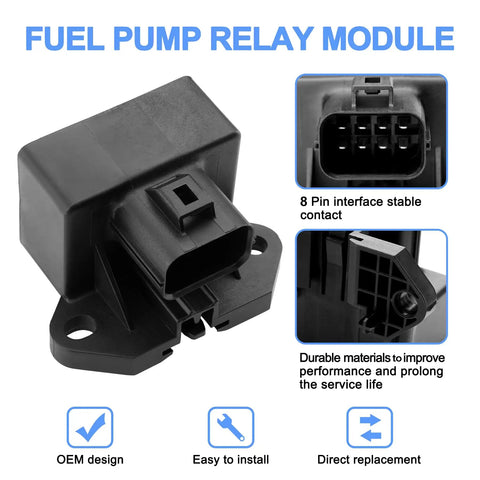 Fuel Pump Relay Module Replacement FD1026 for Ford F150 E250 Flex Taurus Transit Edge Escape Expedition Fusion and Lincoln Mercury, shown with 8-pin connector and durable housing.