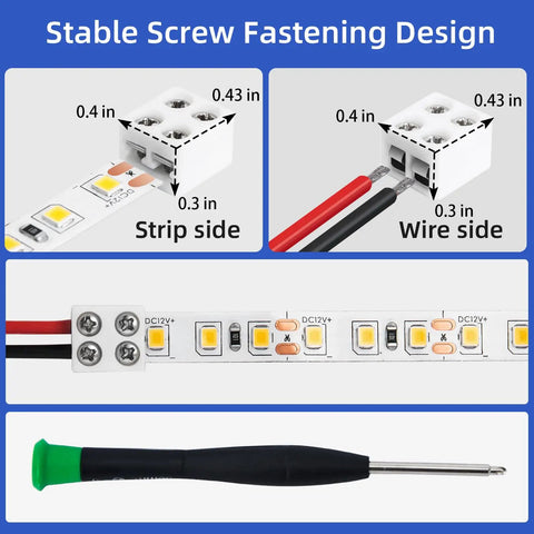 Diagram of Forty Pack 2 Pin 8mm LED Strip Connectors Solderless Screw Terminal showing wire side and strip side dimensions