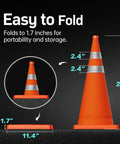 Two Pack 28 Inch Collapsible Traffic Cones With Reflective Collar, folded and expanded view, dimensions labeled, easy to store