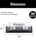 Heavy Duty ANL Fuse Block With Clear Cover And Twin 300 Amp Fuses For Rock Solid Circuit Protection Fits Zero To Ten Gauge Cable, dimensions 5.3" x 1.8".