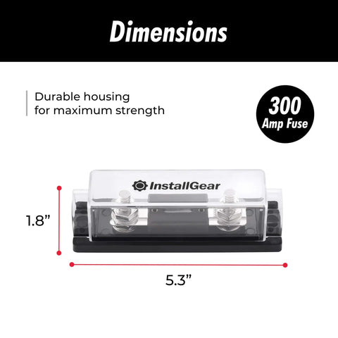 Heavy Duty ANL Fuse Block With Clear Cover And Twin 300 Amp Fuses For Rock Solid Circuit Protection Fits Zero To Ten Gauge Cable, dimensions 5.3" x 1.8".