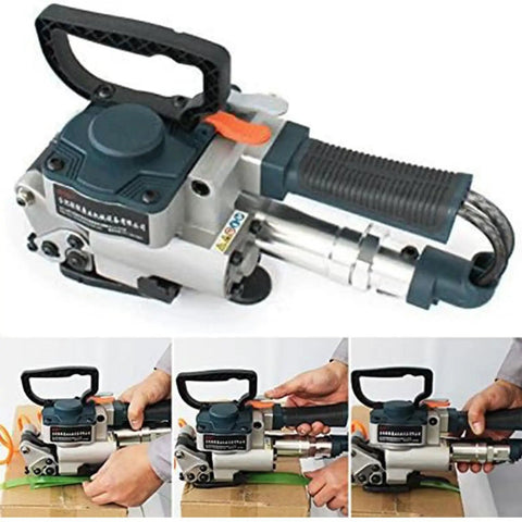 Heavy Duty Pneumatic Strapping Tool For PP And PET Bands. Auto handheld machine with ergonomic handle and air hose connection.